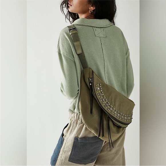 Free People At Ease Embellished sling bag green canvas NWOT. - Picture 3 of 7